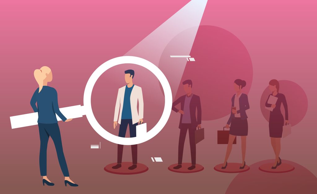 Recruitment and employee selection concept with magnifying glass illustration